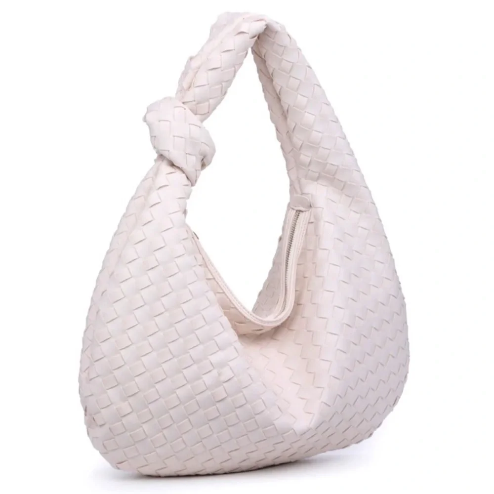 URBAN EXPRESSIONS | Faux-Leather Woven white/cream Hobo Bag w knotted handle